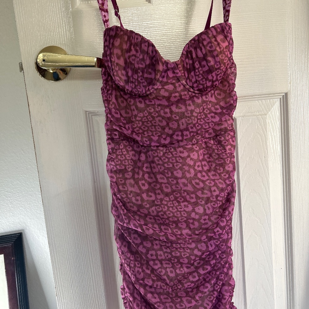 Oh Polly Animal Instinct Leopard Print Ruched Mesh Dress Pink Size